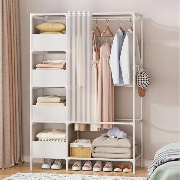  에이원스토어 조립식 커튼 스텐드 행거 무볼트 가벼운 수납 옷장 선반형, 화이트 