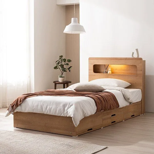 수납싱글침대 추천 [삼익가구] 레이즈 LED 4단 수납 침대 슈퍼싱글 퀸 SS Q 일반 독립스프링 라텍스, 오크