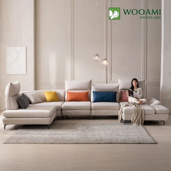 우아미가구 윈 7인 코너형 코브라 스윙 갤럭시 패브릭 소파, 크림