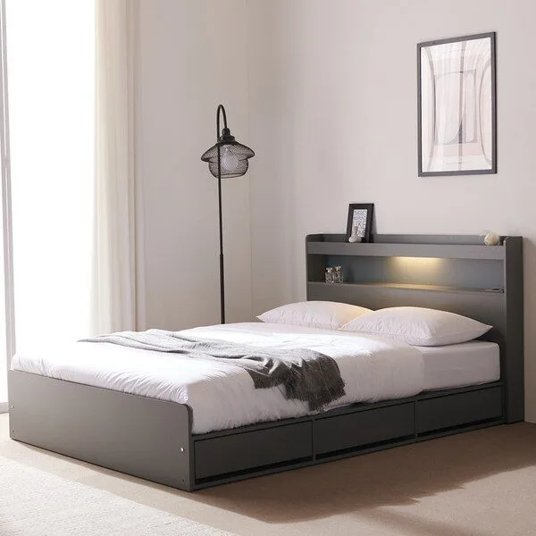 바로방가구 샤인 LED 수납형 서랍형 슈퍼싱글 퀸 침대 프레임 ss q, 슈퍼싱글(SS)/3단서랍형(매트리스제외), 그레이