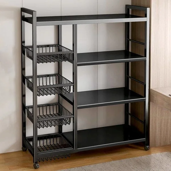 철재수납장 추천 SeekFun 주방 선반 양념채소 다층 렌지대 수납 선반 다용도 진열장 800mm, 블랙(바구니x4)